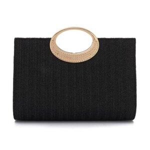 Black Straw Top Handle Clutch Purse Women Handbag